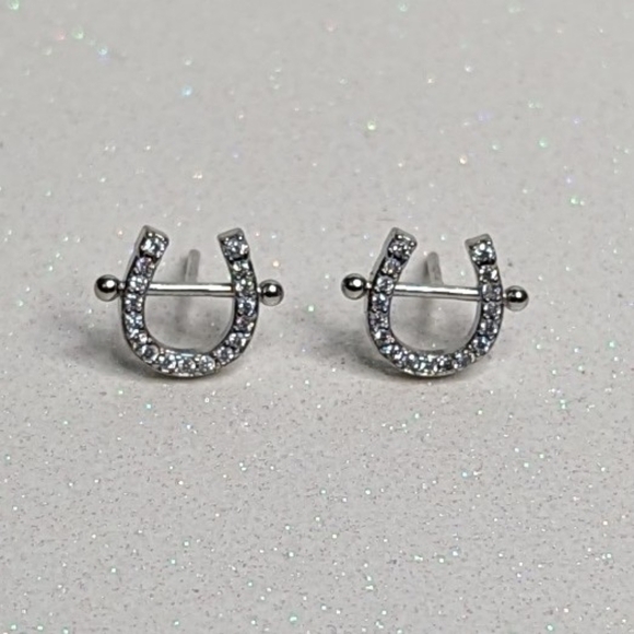 Horseshoe Shaped Silver Rhinestone Stud Earrings - Picture 6 of 6